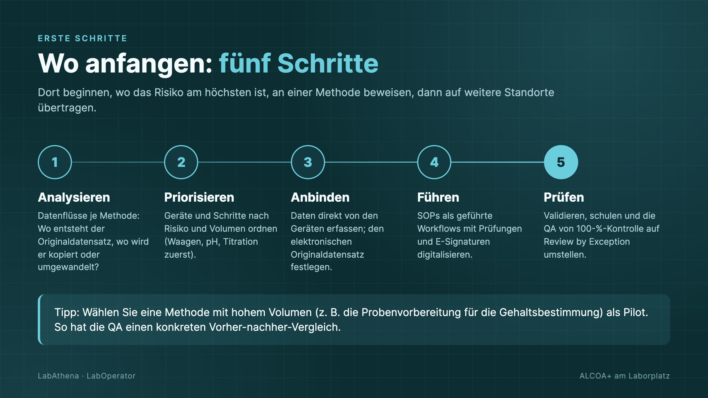 Fünf Schritte für den Einstieg: analysieren, priorisieren, anbinden, führen, prüfen