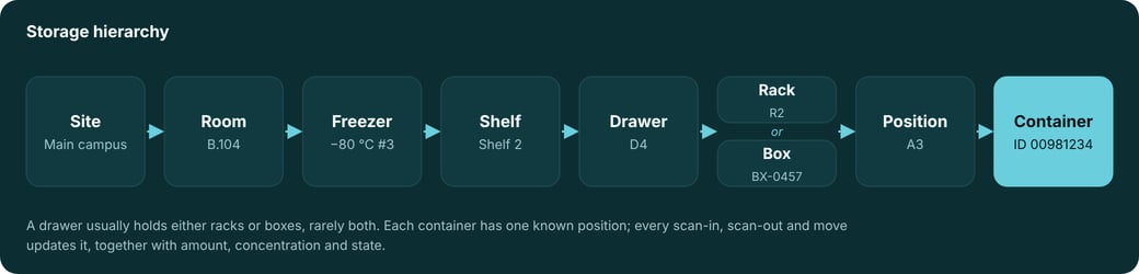 Storage hierarchy: site, room, freezer, shelf, drawer, then a rack or a box, down to the position of a single barcoded container