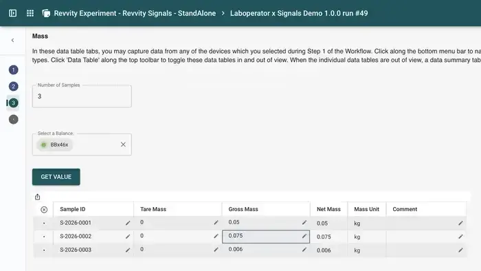 LabOperator workflow step reading tare and gross mass for each sample directly from a connected balance
