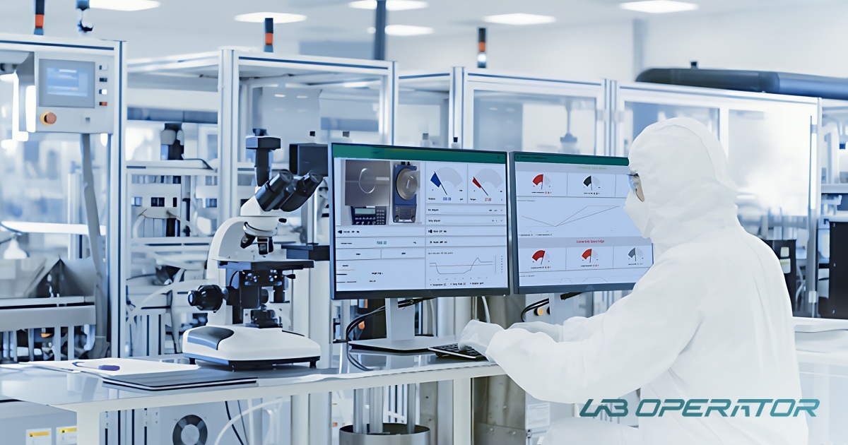 Scientist in a cleanroom laboratory monitoring connected instruments in LabOperator